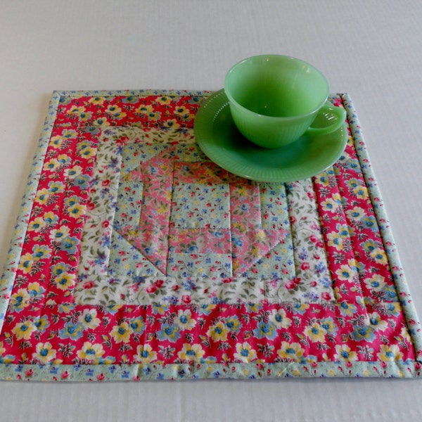 Churn Dash Quilted Table Topper Candle Mat Mug Rug Pink and Green