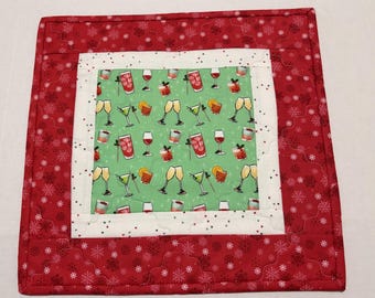 Quilted Table Topper: Whimsical Holiday Adult Beverages, Snowflakes, Christmas and New Years Decor,  13 3/4" Square