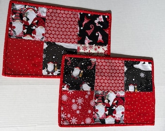 Christmas Gnomes Quilted Table Topper: Holiday Mini Quilt, Set of Two, Toilet Tank Topper, (9 1/2" x 14")