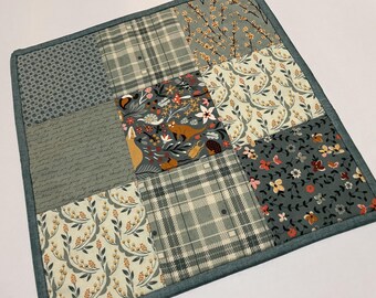 Reversible Quilted Table Topper: Fall Forest & Christmas Cardinal Print (14" x 14")