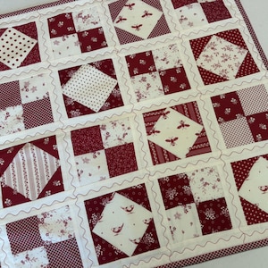 Primitive Patchwork Quilted Table Runner, Floral Quilted Wall Hanging, Birds, Bees,  Red and Ivory Quilt, 21.5" Square