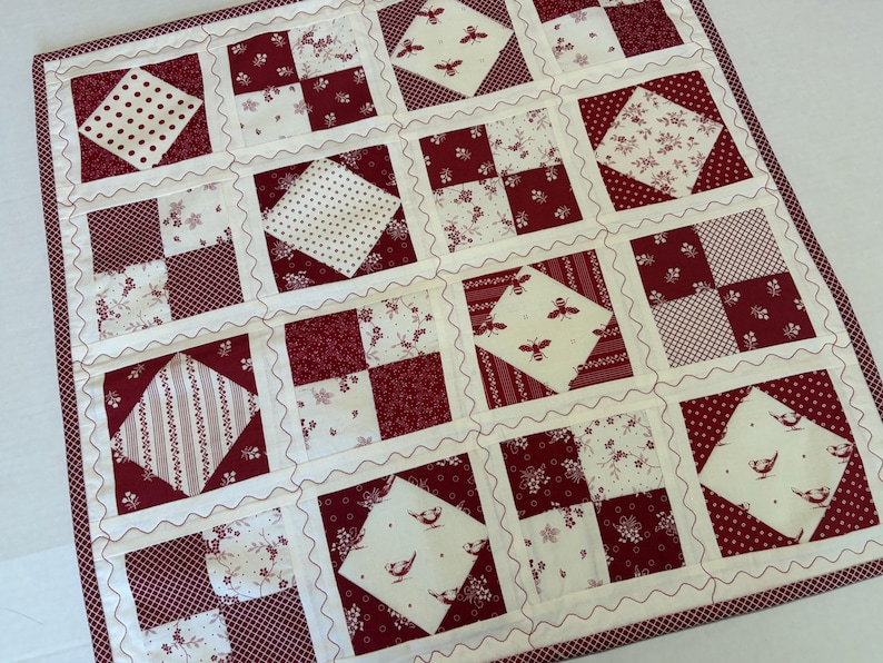 Primitive Patchwork Quilted Table Runner, Floral Quilted Wall Hanging, Birds, Bees, Red and Ivory Quilt, 21.5" Square image 1