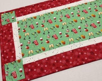 Quilted Table Runner: Whimsical Holiday Adult Beverages, Snowflakes, Christmas and New Years Decor,  14" x 36"