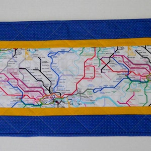 Sale Quilted Table Runner London Underground Map Reversible Blue and Yellow image 1