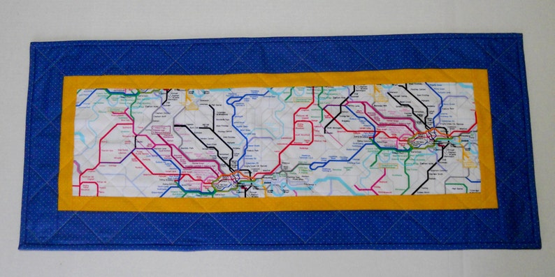 Sale Quilted Table Runner London Underground Map Reversible Blue and Yellow image 1