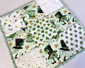 Quilted St. Patrick's Day Table Topper, Irish Shamrocks Quilted Table Runner, Leprechauns, Hats, St Patrick's Day Decor, Four Leaf Clovers