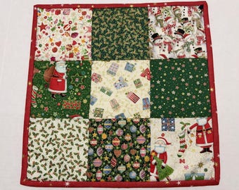 Quilted Christmas Table Runner, Santa, Snowmen, Holly, Gold Metallic (14" Square)
