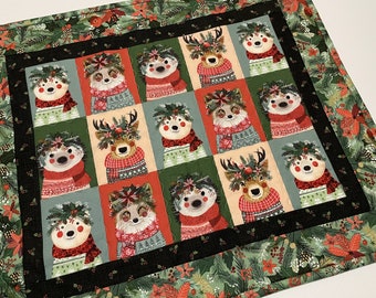 Winter Quilted Table Runner, Forest Animals Table Runner, Christmas Quilted Table Runner, Reindeer Quilted Wall Hanging, Animal Lover Gift
