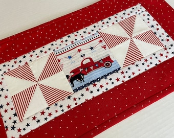 Patriotic Quilted Table Runner, Quilted Table Topper, Pickup Truck Table Runner,  Americana Runner, Toilet Tank Topper