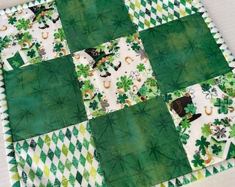 Leprechaun Quilted Table Topper, St. Patrick's Day Mini Quilt, St Patrick's Day Decor, Shamrock Quilted Table Runner, four Leaf Clover Quilt