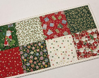 Christmas Quilted Table Runner, Santa Table Mat, Reversible, Toilet Tank Topper, 9 1/2" x 18 1/4"