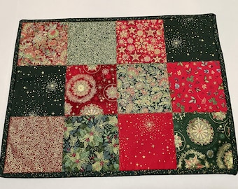 Elegant Christmas Quilted Table Runner: Poinsettias Snowflakes, Holly, Gold Metallic Accents, Reversible, 14" x 19"