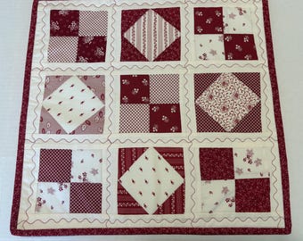 Primitive Quilted Table Topper, Patchwork Floral Table Runner, Red and Ivory Quilt, 16.5" Square