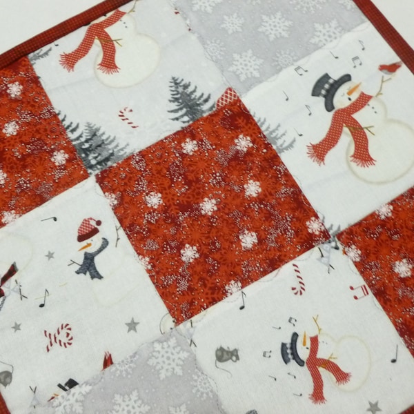 Christmas Quilted Table Topper, Winter Quilted Table Runner, Snowman Table Topper, Quilted Candle Mat, Holly Berry Table Topper, Table Mat