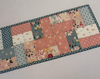 Floral Patchwork Quilted Table Runner, Teal Pink Gold Fabric, Reversible (8.5" x 20")