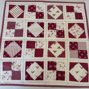 Primitive Patchwork Quilted Table Runner, Floral Quilted Wall Hanging, Birds, Bees, Red and Ivory Quilt, 21.5" Square image 2