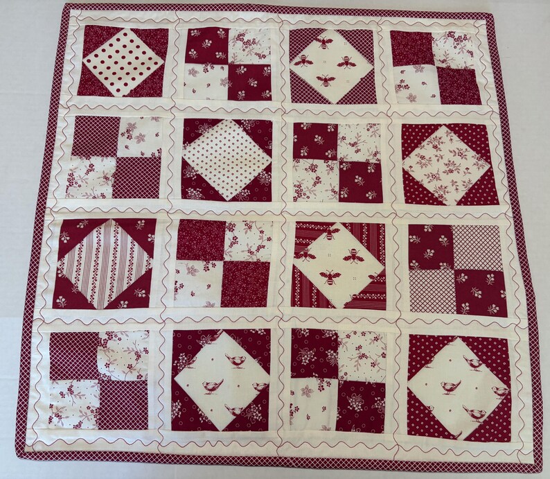 Primitive Patchwork Quilted Table Runner, Floral Quilted Wall Hanging, Birds, Bees, Red and Ivory Quilt, 21.5" Square image 2