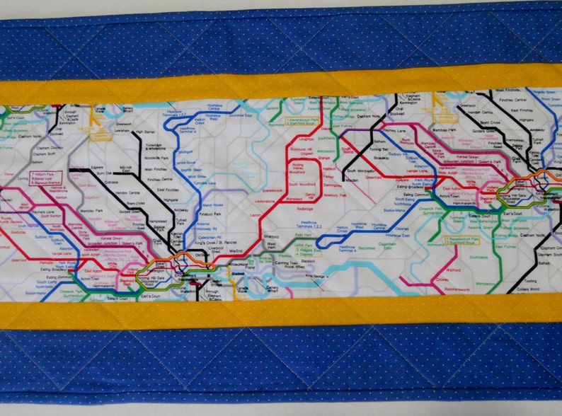 Sale Quilted Table Runner London Underground Map Reversible Blue and Yellow image 3