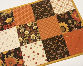 Fall Floral Quilted Table Runner: Reversible Candle Mat, Earth Tones Decor, Sunflowers, (14" x 18.5")