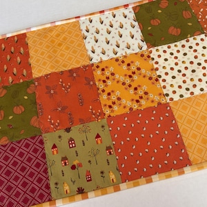Patchwork Quilted Table Runner, Fall Autumn Pumpkins, Reversible Spring Easter Decor (14" x 37")