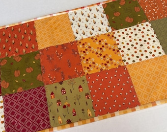Patchwork Quilted Table Runner, Fall Autumn Pumpkins, Reversible Spring Easter Decor (14" x 37")