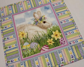 Easter Bunny Quilted Table Topper, Spring Decor, Daffodills, Decorated Eggs, (15 1/2" x 16 1/2")