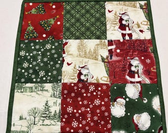 Santa Claus Quilted Table Topper, Country Christmas Decor,  Reversible,  (14" x 14")