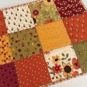 Patchwork Fall Quilted Table Runner, Autumn Thanksgiving Quilt, Pumpkins, Flowers  (14" x 19")