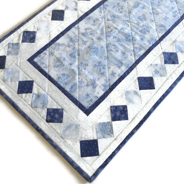 Primitive Christmas Quilted Table Runner, Snowman Table Runner Blue and White, Country Christmas Runner, Winter Blues Quilted Table Runner