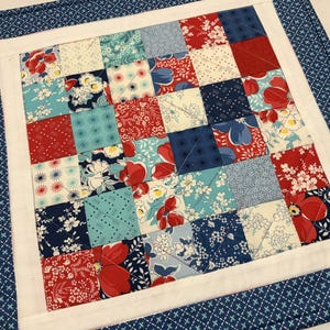 Floral Patchwork Table Runner: Reversible Red White Blue Quilt (17.5" x 17.5")