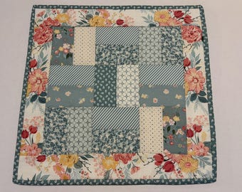 Patchwork Floral Quilted Table Runner, Teal Table Topper (16 1/2" Square)