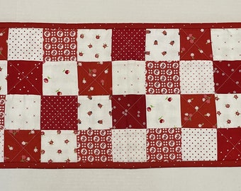 Patchwork Quilted Table Runner: Red & White Retro Prints, Christmas Decor (10 1/2" x 33")