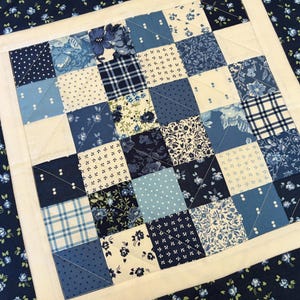 Floral Patchwork Quilted Table Runner: Reversible, Blue Table Topper, (19.5" x 19.5")