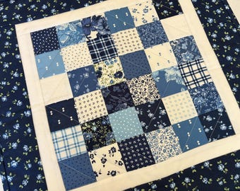 Floral Patchwork Quilted Table Runner: Reversible, Blue Table Topper, (19.5" x 19.5")