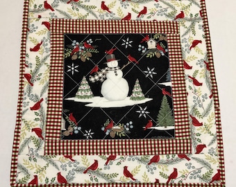 Christmas Quilted Table Topper, Snowman Cardinal Winter Decor