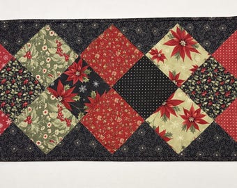 Reversible Christmas Quilted Table Runner, Poinsettia Floral, Fall Pumpkins, 14" x 39"