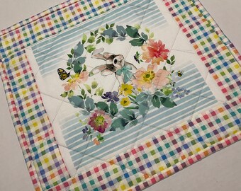 Easter Quilted Table Topper, Spring Flowers Quilted Table Topper, French Bulldog Quilted Table Topper, Floral Table Mat, Dog Lover Gift