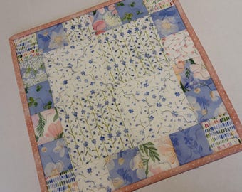 Spring Patchwork Table Topper, Floral Table Mat,  Mini Quilt, Pink Dresser Scarf, (12.5" x 12.5")