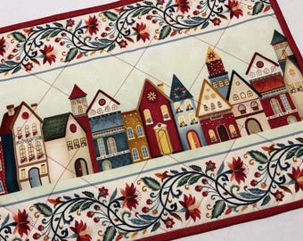 Scandinavian Christmas Townhouse Village Quilted Table Runner: Reversible Valentines Day Decor, 19" x 14"