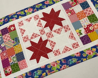 Patchwork Stars Quilted Table Runner, Spring Quilted Table Topper, Quilted Candle Mat, Coffee Table Runner, Summer Flowers Table Runner