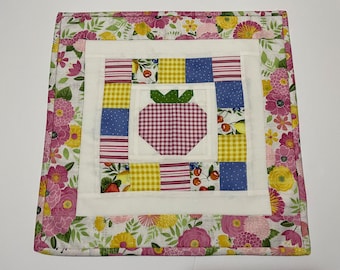 Patchwork Quilted Table Runner, Retro Style Quilted Table Topper, Strawberries, Flowers and Bees Table  Runner, Summer Quilted Table Runner