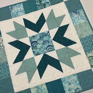 Beach House Quilted Table Runner, Seashell Quilted Wall Hanging, Teal Beach House Quilted Table Runner, Ocean Theme Quilt, 28 1/2&quot; x 28 1/2&quot;