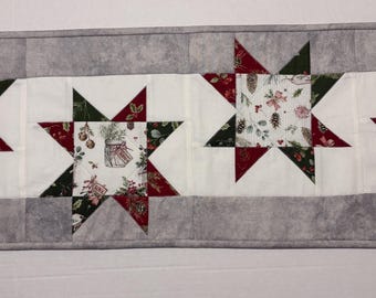 Christmas Quilted Table Runner: Reversible, Patchwork Stars, Floral Table Quilt, 11 1/2" x 41"
