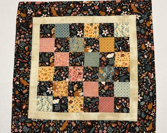 Fall Patchwork Quilted Table Topper: Reversible, Woodland Animals, Forest Friends, Thanksgiving Decor,  (18.5" x 18.5")
