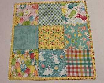 Patchwork Easter Bunny Table Topper, Spring Quilted Mat, 14" Square