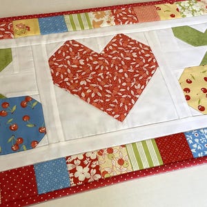Patchwork Quilted Table Runner, Cherries Quilt, Fruit Quilt, Retro Quilted Table Runner, Snowman Quilted Table Runner, 14 1/2&quot; x 32 1/2&quot;
