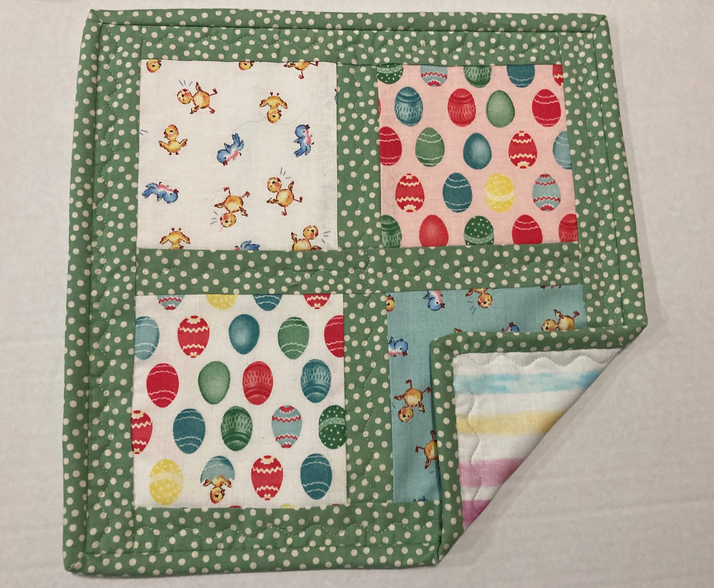 Easter Quilted Table Topper Quilted Candle Mat Flowers Bunnies Spring Easter Table Runner Chicks Easter Decor Spring Mini Quilt Easter Quilted Table Topper Quilted Candle Mat Flowers Bunnies Spring Easter Table Runner Chicks Easter Decor Spring Mini Quilt