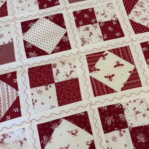 May include: A patchwork quilt featuring a repeating grid of squares in deep red and white. The design includes various patterns such as floral prints, polka dots, stripes, and small bee and bird motifs, all separated by white sashing with wavy stitching.