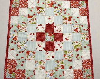 Fruit Theme Quilted Table Topper, Spring Summer Quilted Table Runner, Floral Quilted Wall Hanging, Coffee Table Runner, Cherry Theme Quilt