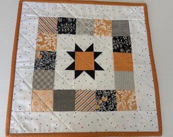Halloween Star Quilted Table Topper, Patchwork Fall Decor Runner, Reversible, Farm Theme Table Mat, (14.5" Square)